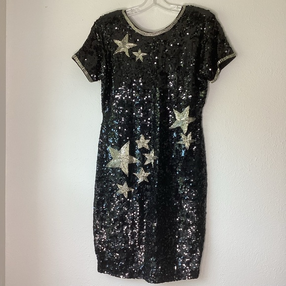 Vintage Dresses & Skirts - Vintage Dress Sequin Stars Party Black Silver 8